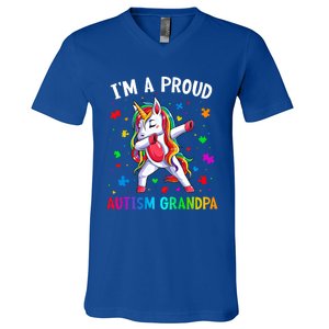 IM A Proud Autism Grandpa Dabbing Unicorn Autism Awareness Gift V-Neck T-Shirt