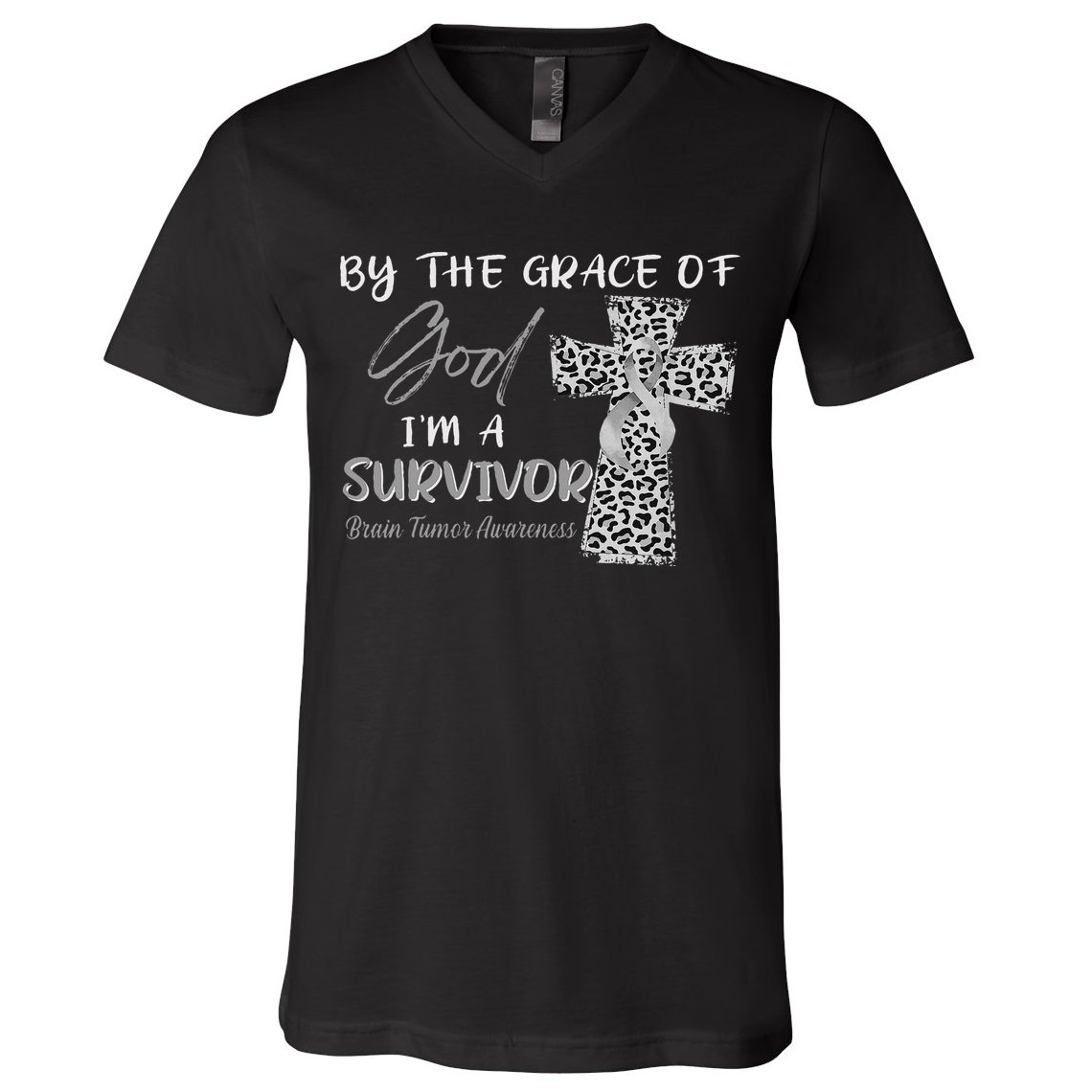 I'm A Survivor Brain Tumor Awareness Grey Ribbon V-Neck T-Shirt