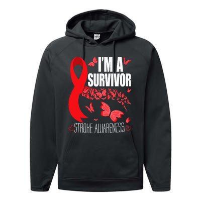 Im A Survivor Stroke Awareness Red Ribbon Brain Attack Performance Fleece Hoodie