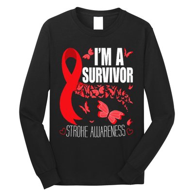 Im A Survivor Stroke Awareness Red Ribbon Brain Attack Long Sleeve Shirt