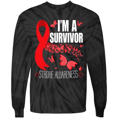 Im A Survivor Stroke Awareness Red Ribbon Brain Attack Tie-Dye Long Sleeve Shirt