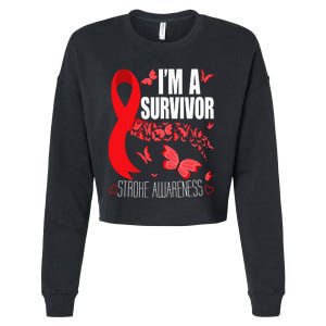 Im A Survivor Stroke Awareness Red Ribbon Brain Attack Cropped Pullover Crew