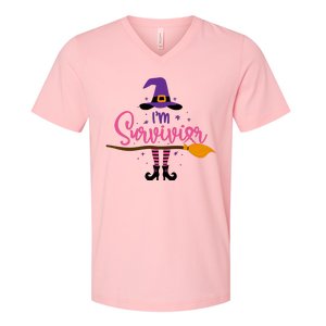 I'm A Survivor Halloween Breast Cancer Awareness Witch V-Neck T-Shirt