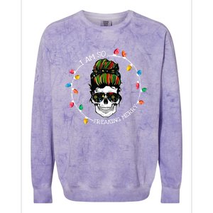 I Am So Freaking Merry Skull Light Christmas Xmas Messy Bun Gift Colorblast Crewneck Sweatshirt