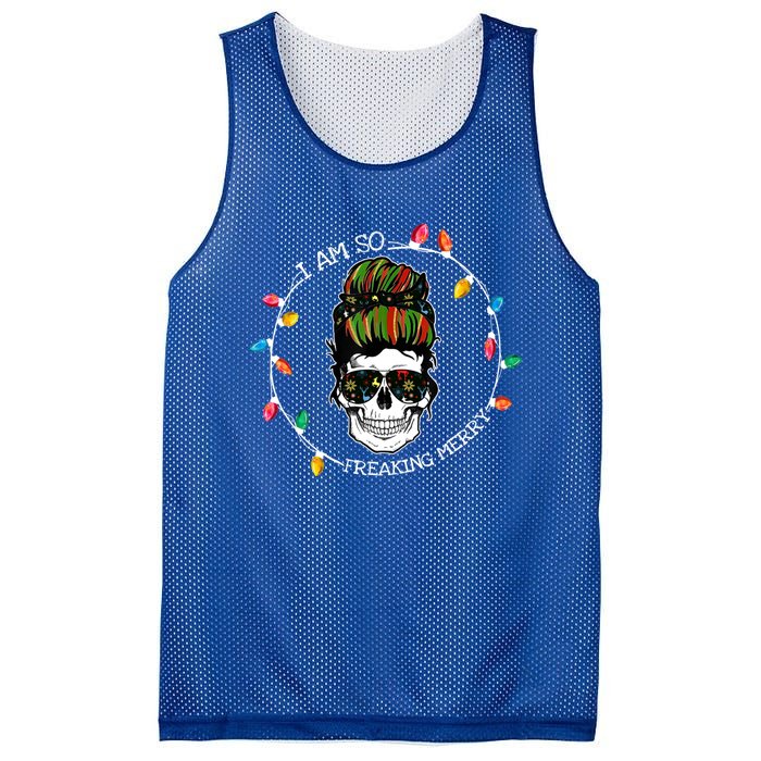 I Am So Freaking Merry Skull Light Christmas Xmas Messy Bun Gift Mesh Reversible Basketball Jersey Tank