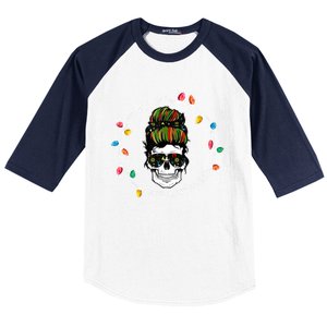 I Am So Freaking Merry Skull Light Christmas Xmas Messy Bun Gift Baseball Sleeve Shirt