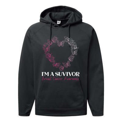 I'm A Survivor Breast Cancer Awareness Pink Butterfly Heart Performance Fleece Hoodie