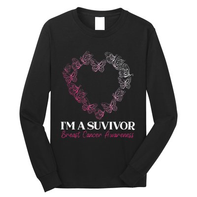 I'm A Survivor Breast Cancer Awareness Pink Butterfly Heart Long Sleeve Shirt