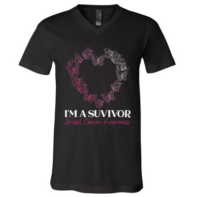 I'm A Survivor Breast Cancer Awareness Pink Butterfly Heart V-Neck T-Shirt