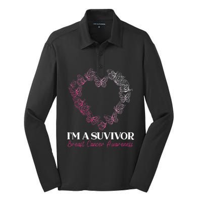 I'm A Survivor Breast Cancer Awareness Pink Butterfly Heart Silk Touch Performance Long Sleeve Polo