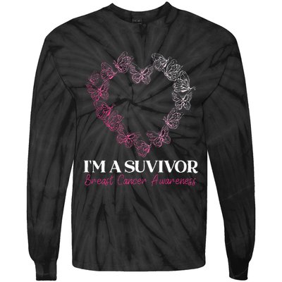 I'm A Survivor Breast Cancer Awareness Pink Butterfly Heart Tie-Dye Long Sleeve Shirt