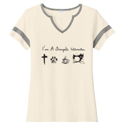 Im A Simple Woman Jesus Dog Coffee Sewing Ladies Halftime Notch Neck Tee