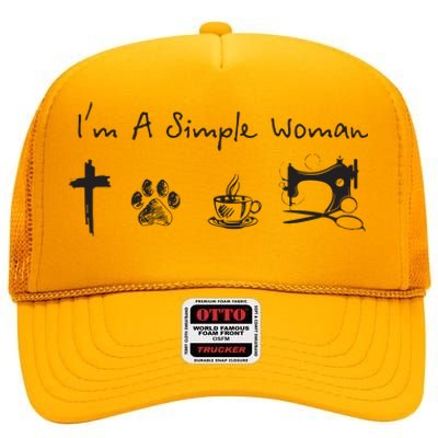 Im A Simple Woman Jesus Dog Coffee Sewing High Crown Mesh Back Trucker Hat