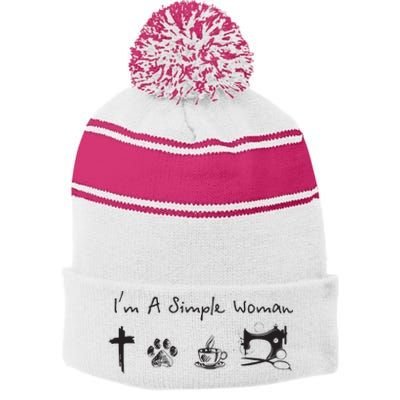 Im A Simple Woman Jesus Dog Coffee Sewing Stripe Pom Pom Beanie