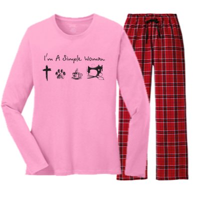 Im A Simple Woman Jesus Dog Coffee Sewing Women's Long Sleeve Flannel Pajama Set 