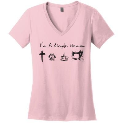 Im A Simple Woman Jesus Dog Coffee Sewing Women's V-Neck T-Shirt