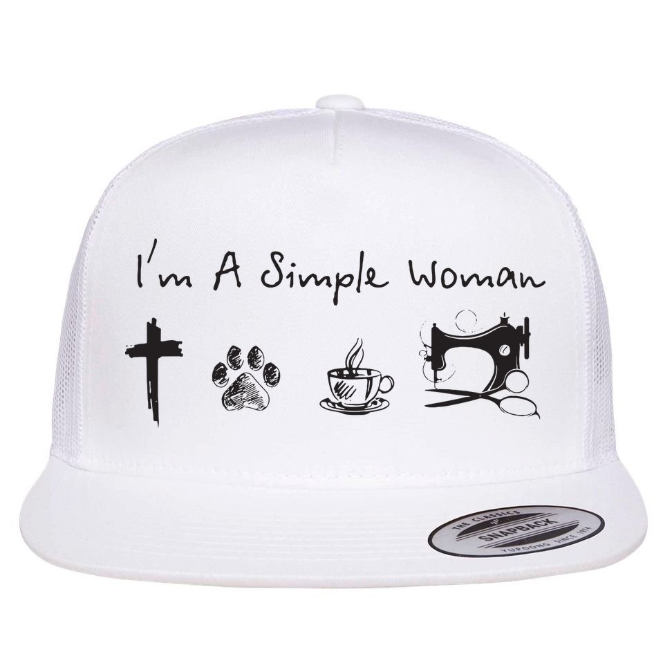 Im A Simple Woman Jesus Dog Coffee Sewing Flat Bill Trucker Hat