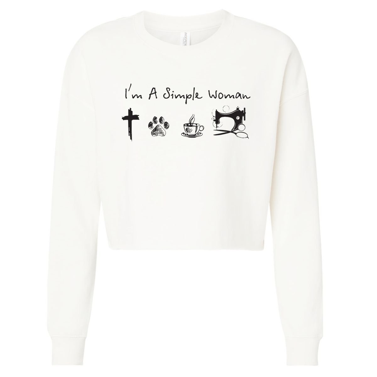 Im A Simple Woman Jesus Dog Coffee Sewing Cropped Pullover Crew