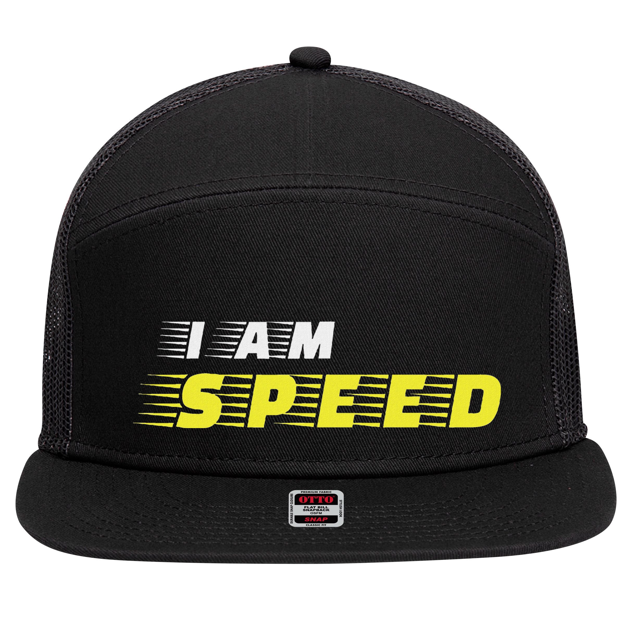 I Am Speed Car Racing Fast Person Movie Quote Race 7 Panel Mesh Trucker Snapback Hat