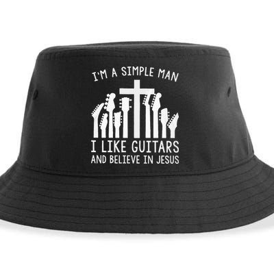 Im A Simple Man I Like Guitars And Believe In Jesus Sustainable Bucket Hat