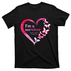 Im A Survivor Breast Cancer Awareness Heart Butterflies Pink Ribbon T-Shirt