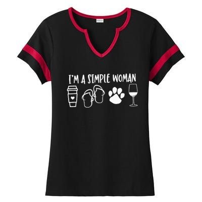 I'm A Simple Woman Coffee Flip Flops Dog Wine Ladies Halftime Notch Neck Tee