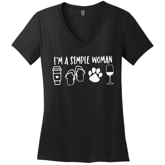 I'm A Simple Woman Coffee Flip Flops Dog Wine Women's V-Neck T-Shirt