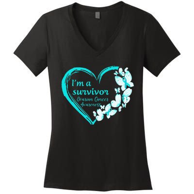 I'm A Survivor Butterfly Ovarian Cancer Awareness Warrior Women's V-Neck T-Shirt