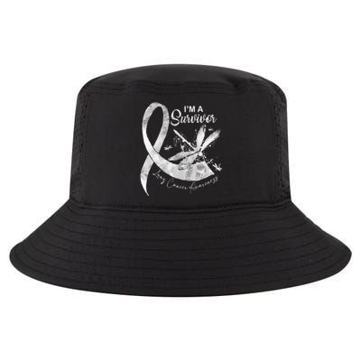 Im A Survivor Lung Cancer Dragonfly White Ribbon Cool Comfort Performance Bucket Hat