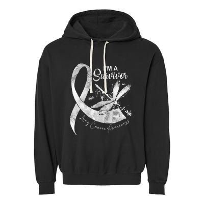 Im A Survivor Lung Cancer Dragonfly White Ribbon Garment-Dyed Fleece Hoodie