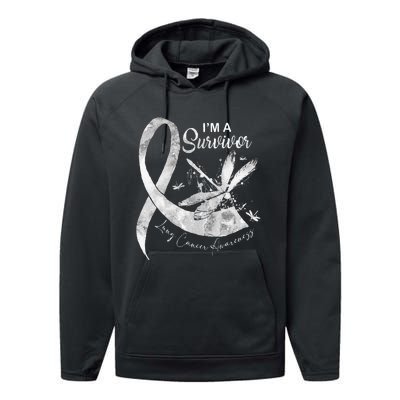 Im A Survivor Lung Cancer Dragonfly White Ribbon Performance Fleece Hoodie