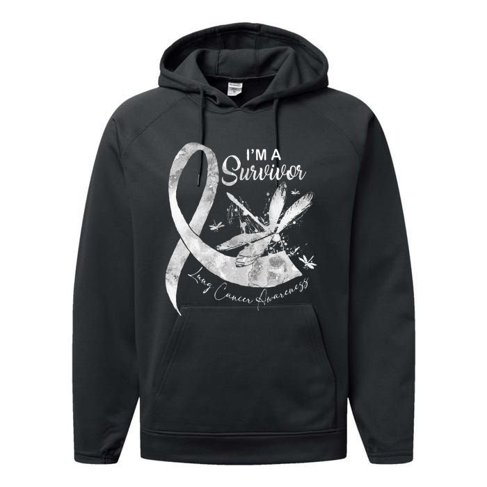 Im A Survivor Lung Cancer Dragonfly White Ribbon Performance Fleece Hoodie