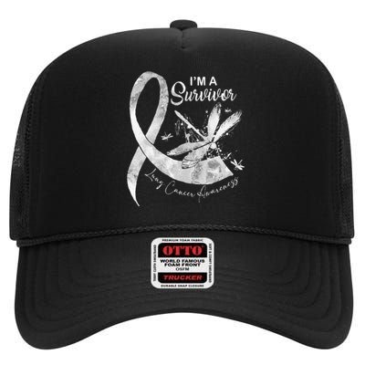 Im A Survivor Lung Cancer Dragonfly White Ribbon High Crown Mesh Back Trucker Hat