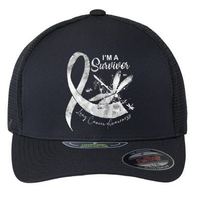 Im A Survivor Lung Cancer Dragonfly White Ribbon Flexfit Unipanel Trucker Cap