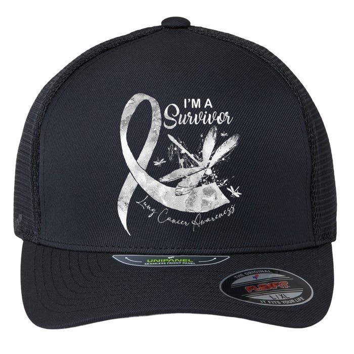 Im A Survivor Lung Cancer Dragonfly White Ribbon Flexfit Unipanel Trucker Cap