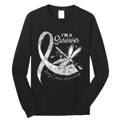 Im A Survivor Lung Cancer Dragonfly White Ribbon Long Sleeve Shirt