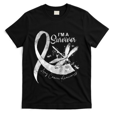 Im A Survivor Lung Cancer Dragonfly White Ribbon T-Shirt