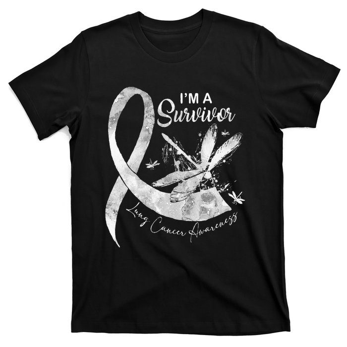 Im A Survivor Lung Cancer Dragonfly White Ribbon T-Shirt