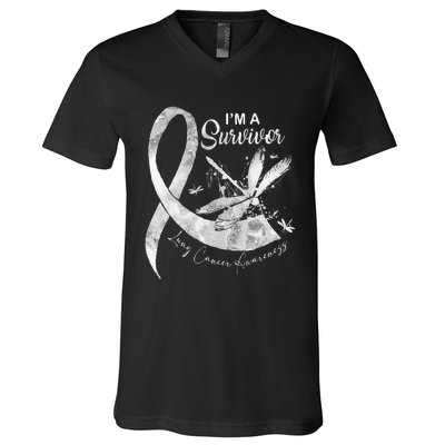 Im A Survivor Lung Cancer Dragonfly White Ribbon V-Neck T-Shirt