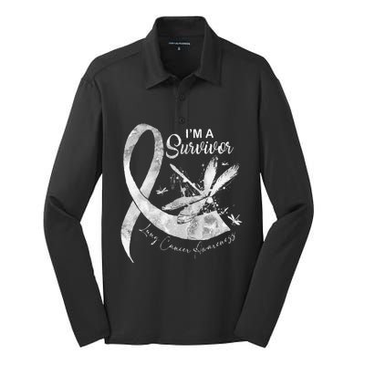 Im A Survivor Lung Cancer Dragonfly White Ribbon Silk Touch Performance Long Sleeve Polo