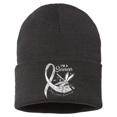 Im A Survivor Lung Cancer Dragonfly White Ribbon Sustainable Knit Beanie