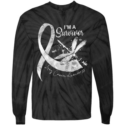 Im A Survivor Lung Cancer Dragonfly White Ribbon Tie-Dye Long Sleeve Shirt