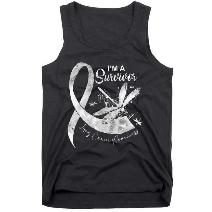 Im A Survivor Lung Cancer Dragonfly White Ribbon Tank Top