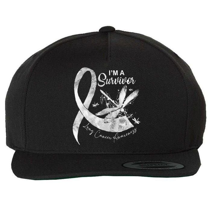 Im A Survivor Lung Cancer Dragonfly White Ribbon Wool Snapback Cap