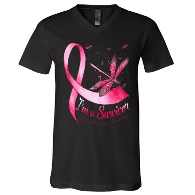 IM A Survivor Dragonfly Breast Cancer Awareness V-Neck T-Shirt