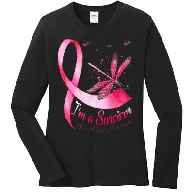 IM A Survivor Dragonfly Breast Cancer Awareness Ladies Long Sleeve Shirt