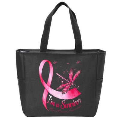 IM A Survivor Dragonfly Breast Cancer Awareness Zip Tote Bag