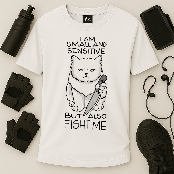 I Am Small And Sensitive But Also Fight Me Funny Cat Performance Shirt