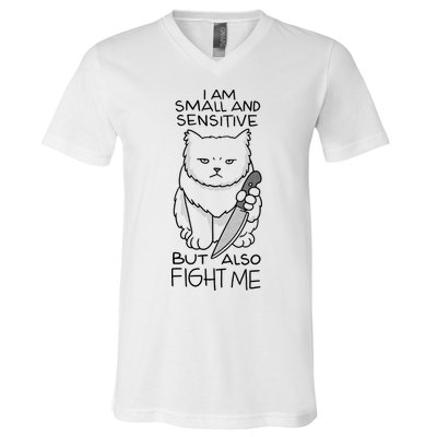 I Am Small And Sensitive But Also Fight Me Funny Cat V-Neck T-Shirt