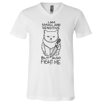 I Am Small And Sensitive But Also Fight Me Funny Cat V-Neck T-Shirt